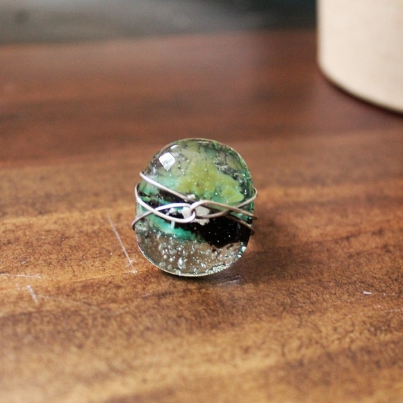 Jewelry - Handmade Sterling Silver and Green Glass ring S 7